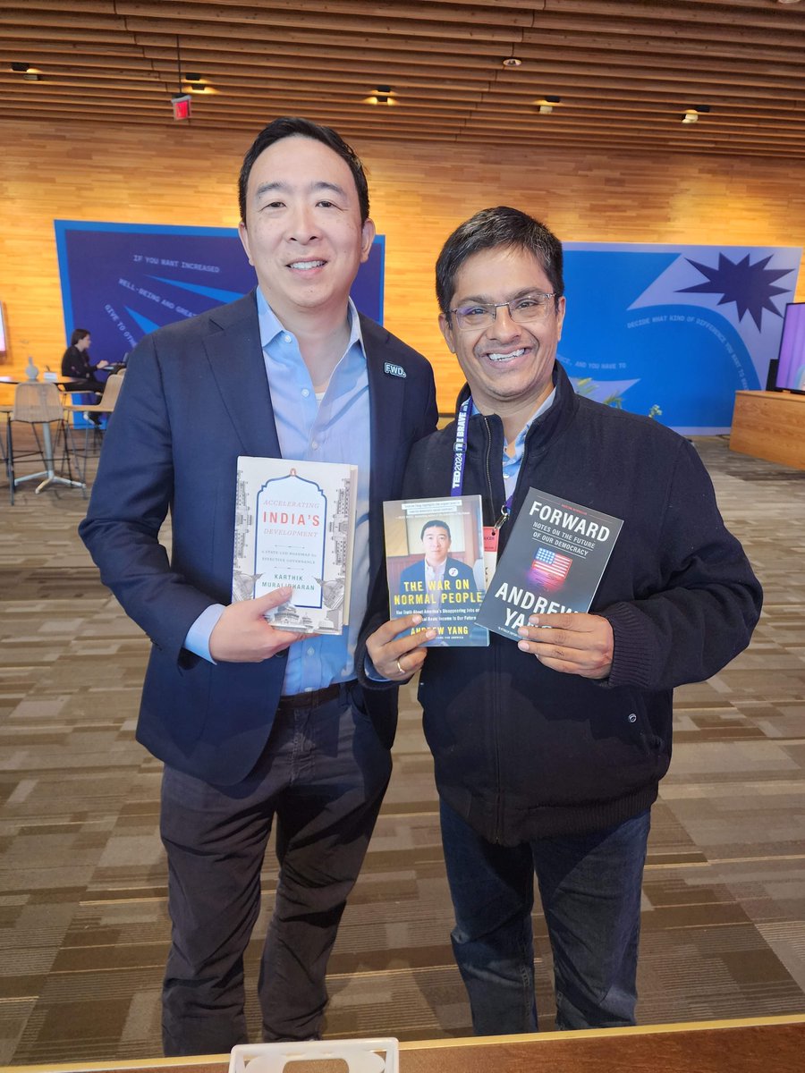 One highlight of a great week @TEDTalks was getting to know @AndrewYang by being seated together at the opening dinner. Was great to spend quality time discussing how to make politics and government work better for citizens and to exchange signed copies of our books!