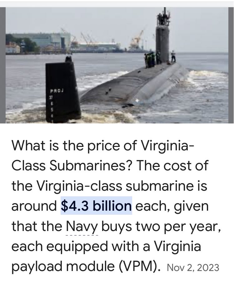 @STC_BTC @RaytheonDefen__ @northropgrumman @LockheedMartin @KratosDefense @generaldynamics 

1 Virginia Class Submarine = 68,572 #BITCOIN

68,572 #BTC x 250,000.00 USD =

🚨17,143,221,649.89 USD 🚨