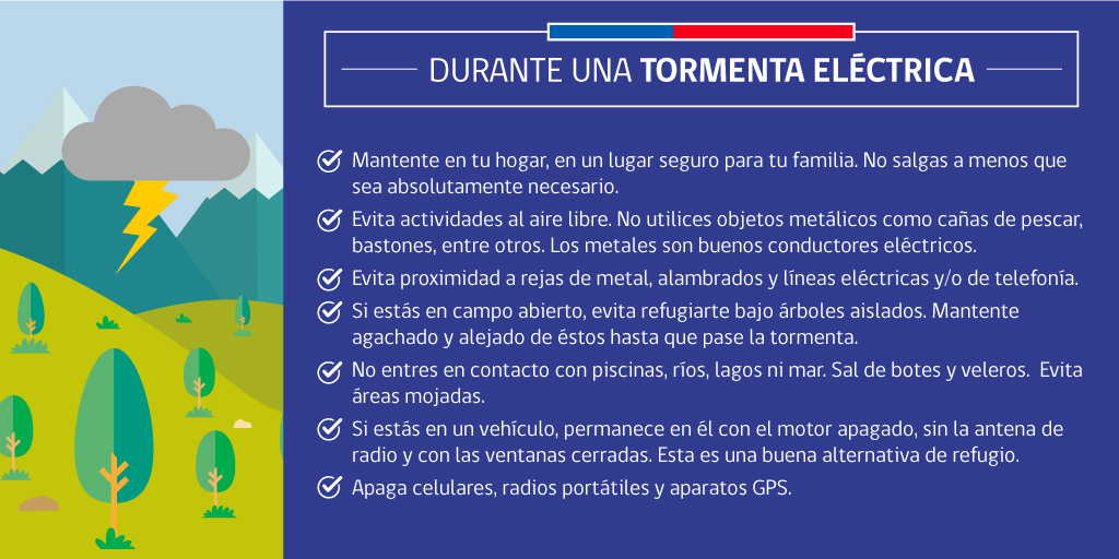 🌩#YoMePreparo Si estás en un sector afectado por #TormentasEléctricas, no te acerques a estructuras metálicas, rejas, alambrados, mástiles y líneas eléctricas, ya que los metales son buenos conductores eléctricos y te exponen al peligro. ⚡️Considera nuestras recomendaciones: