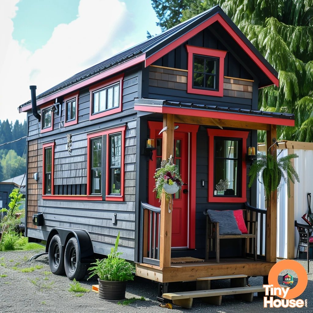 Check out this adorable tiny house on wheels, designed with a Coastal flair! The color palette of Grey, Black, and Red adds a modern touch. Which design elements catch your eye? Would you incorporate any into your own home? #TinyHouse #CoastalDesign #HomeInspo