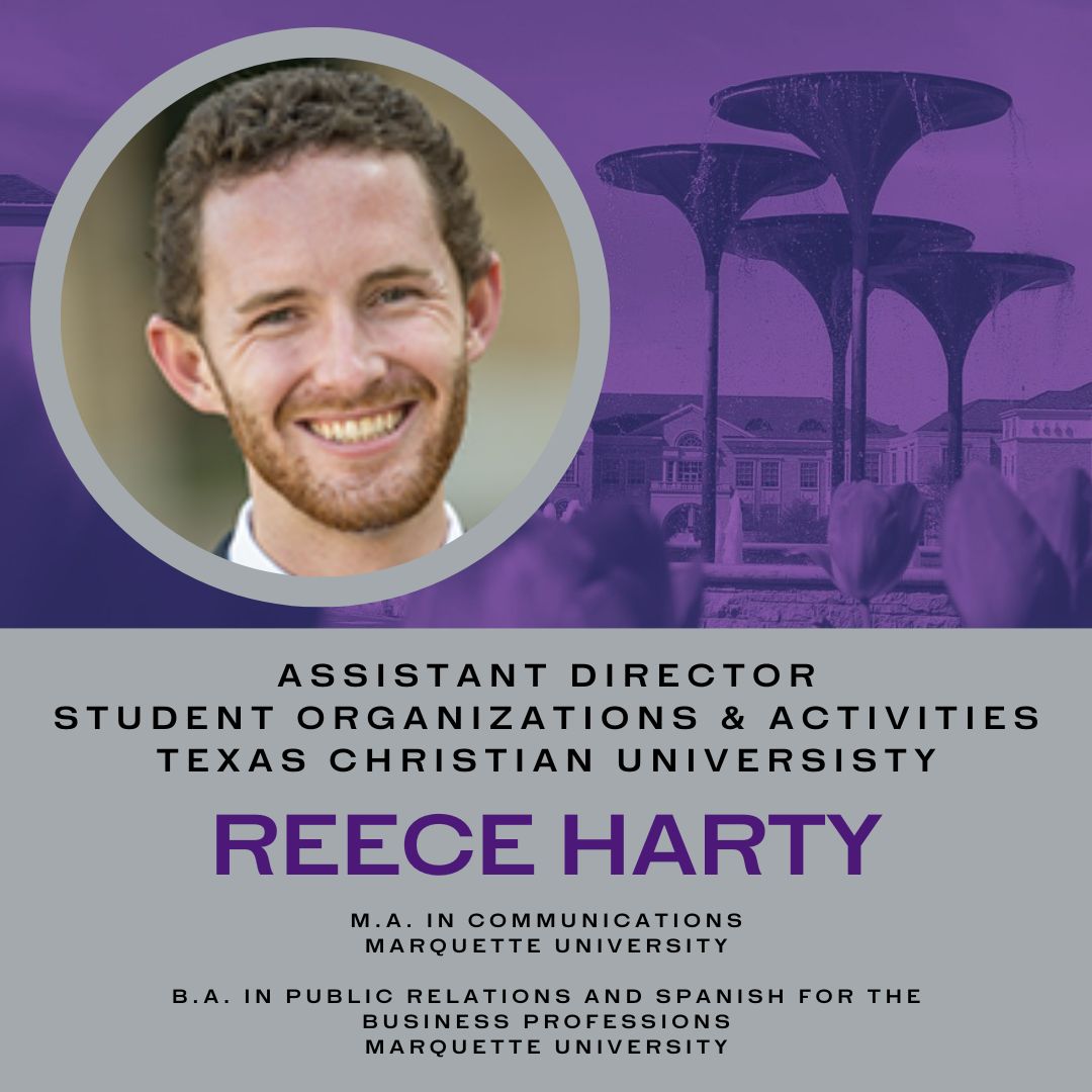 TCUHigherEd's tweet photo. Educational Leadership (Higher Ed Focus) Doctoral Student Spotlight:  Meet Reece Harty, Assistant Director of Student Organizations and Student Activities at @TCU!  

#seeyourselfhere #giveemHELtcu https://t.co/lhPRtH6MOn
