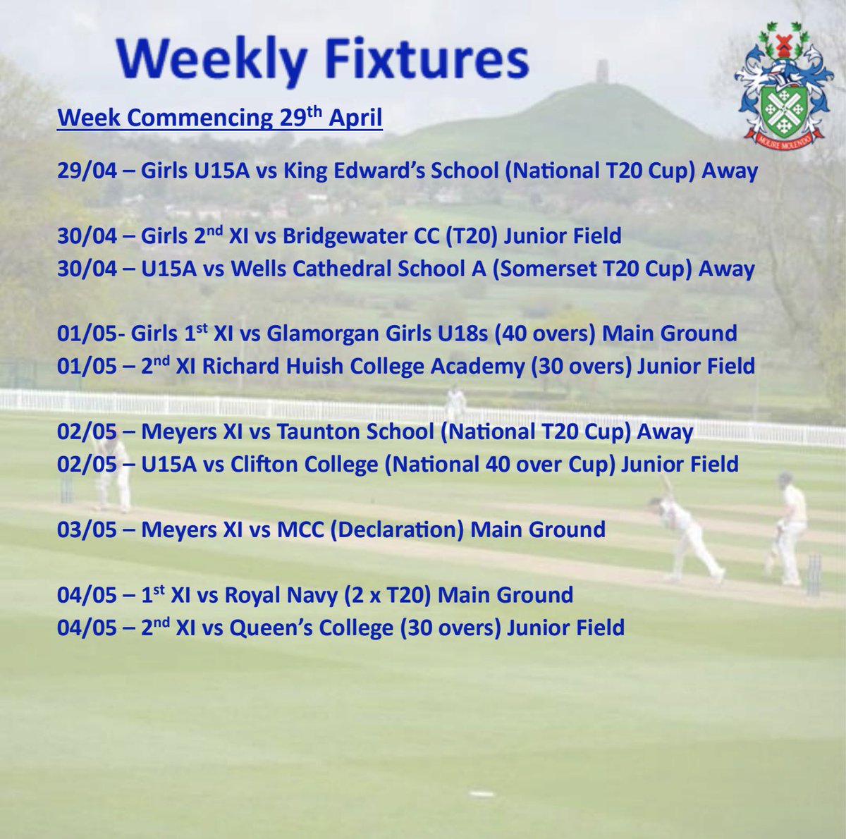 Plenty more great fixtures, with 4 cup matches. The Girls U15s started the week of well with a close fought win by 10 runs in their National T20 game about KES this afternoon. Cannot wait to entertain the Royal Navy later on in the week🏏#schoolcricket #MCC