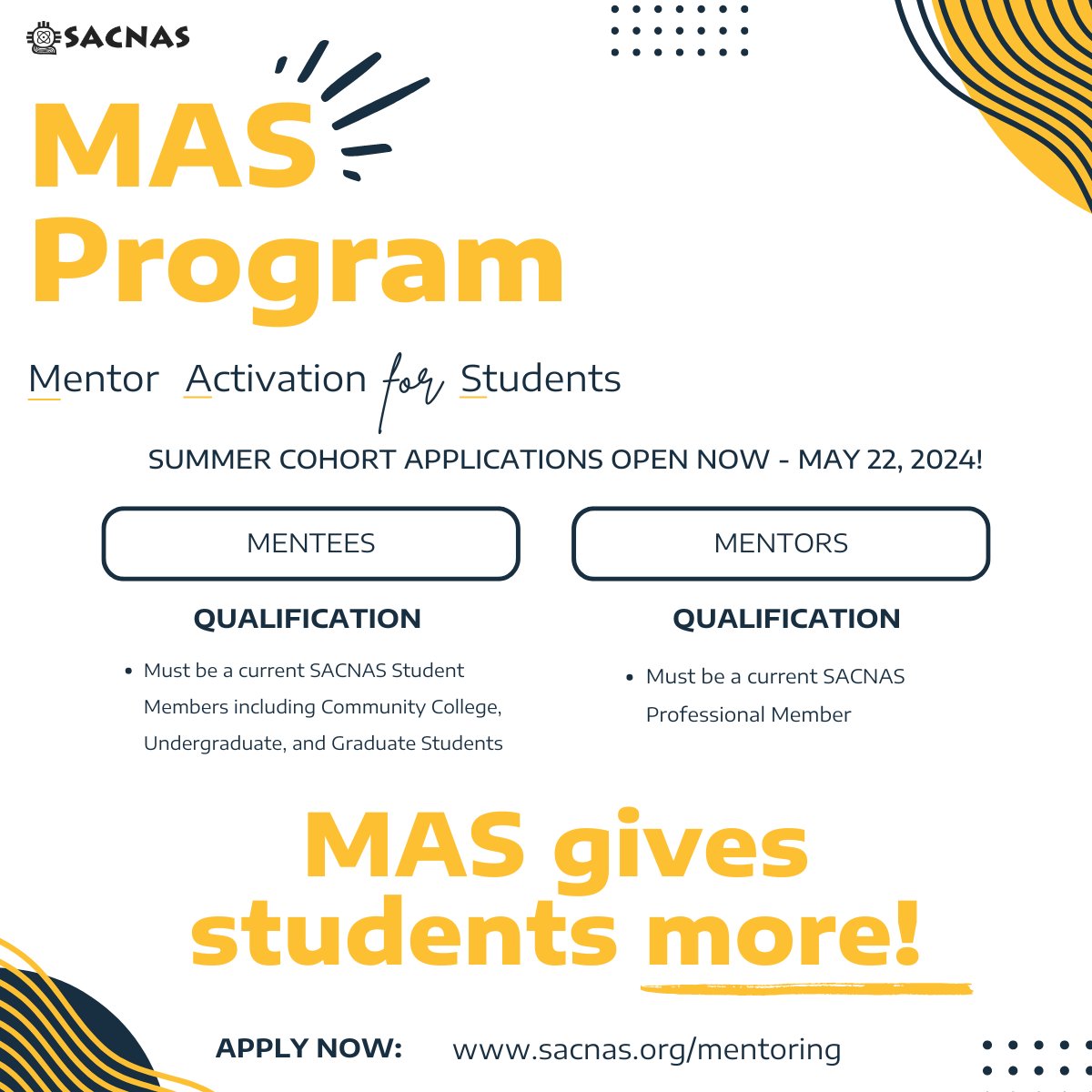 SACNAS Mentor Activation for Students Program is now accepting applications! MAS offers students an opportunity to be guided to their highest career potential, while also offering mentors a chance to support the future of STEM. Visit the link in our bio to apply.