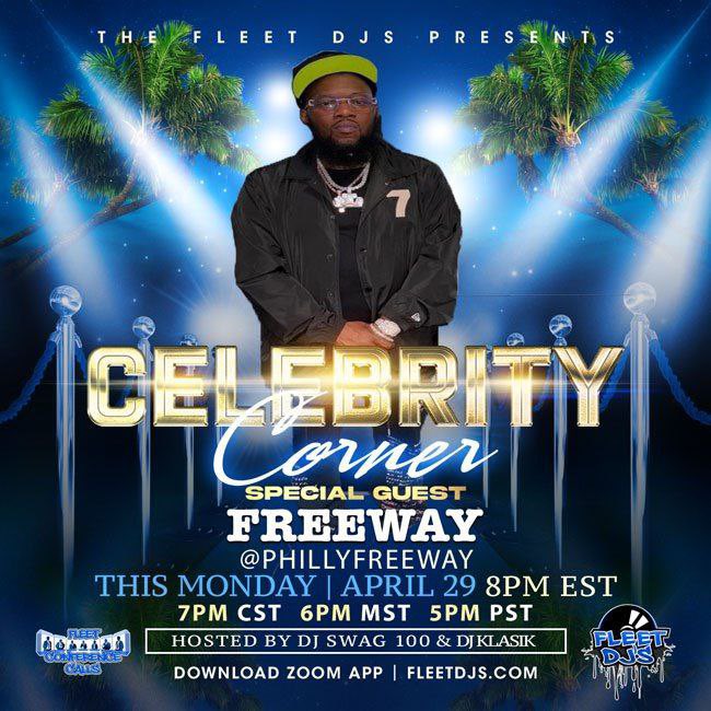 Tonight @ 8:00 pm EST @Fleetdjs Presents CELEBRITY CORNER. Tune in with Hosts @swag100llc and @djklasik504 as they sit down with @phillyfreeway and the @FleetDJs to discuss new projects. If YOU have any questions you would like the FLEET DJs to ask @phillyfreeway,