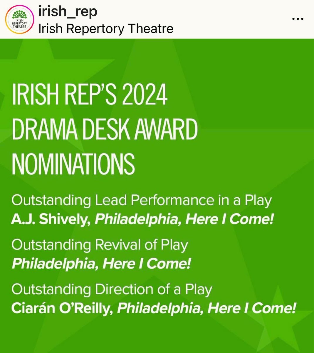 realciaranbyrne's tweet photo. Blown away by the fab love for our wee play @IrishRep Thank you all for coming to the theatre and supporting our little play that could!! #DramaDeskAwards #OuterCriticsCircle #LucilleLortelAwards #IrishRep #TheFrielProject #PhiladelphiaHereICome https://t.co/0X1IEw9AIH