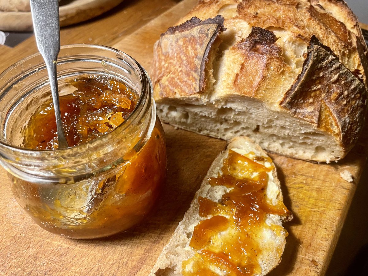 I baked a sourdough loaf this evening, for tomorrow’s lunch. But then I spotted Rob’s vanilla and cardamom marmalade in the fridge….