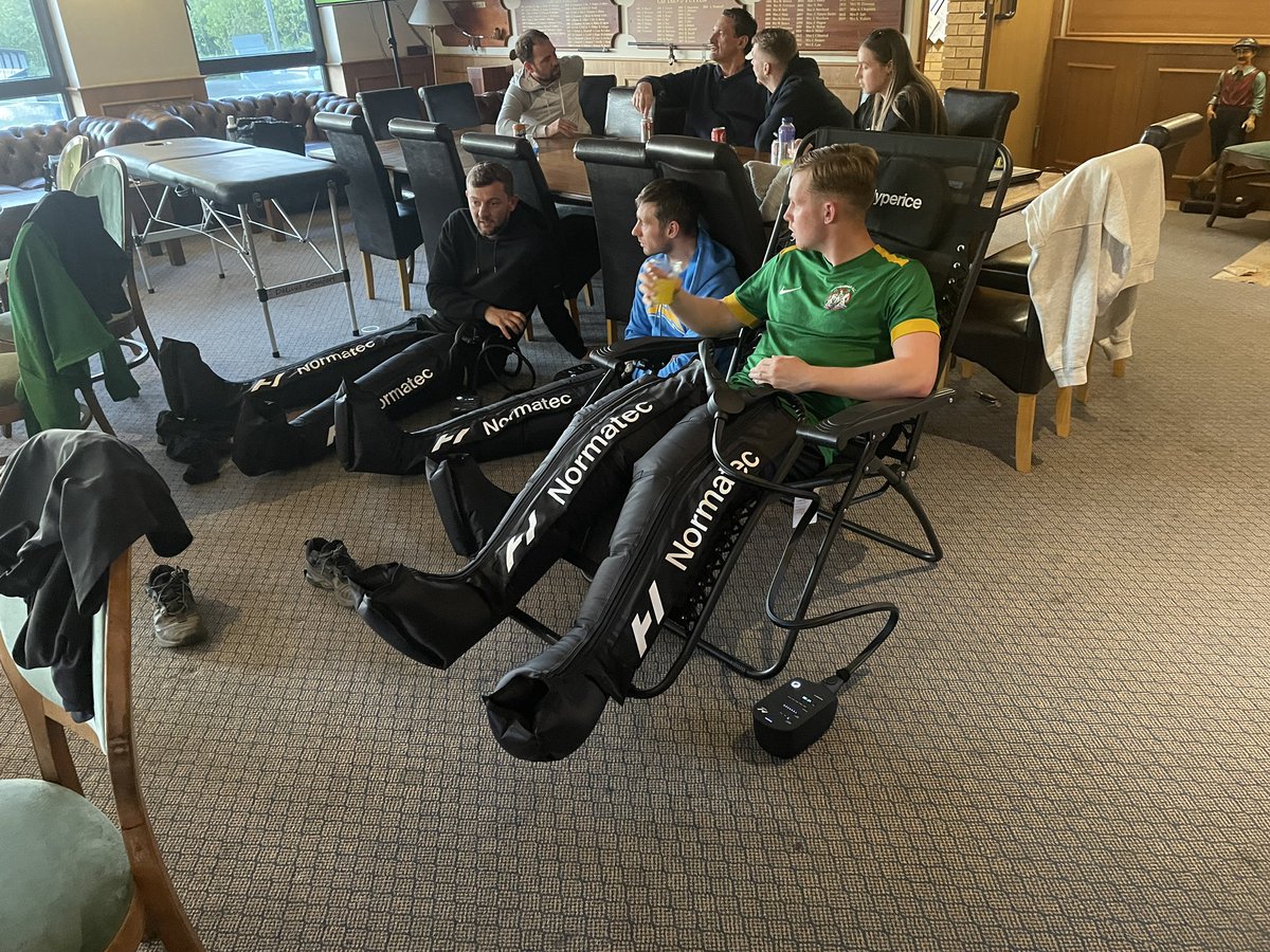 Recovery team session for @CorinthianFC players making most of our compression boots ahead of their big SCEFL Prem Div Play Off Semi Final tomorrow evening🦿🏆