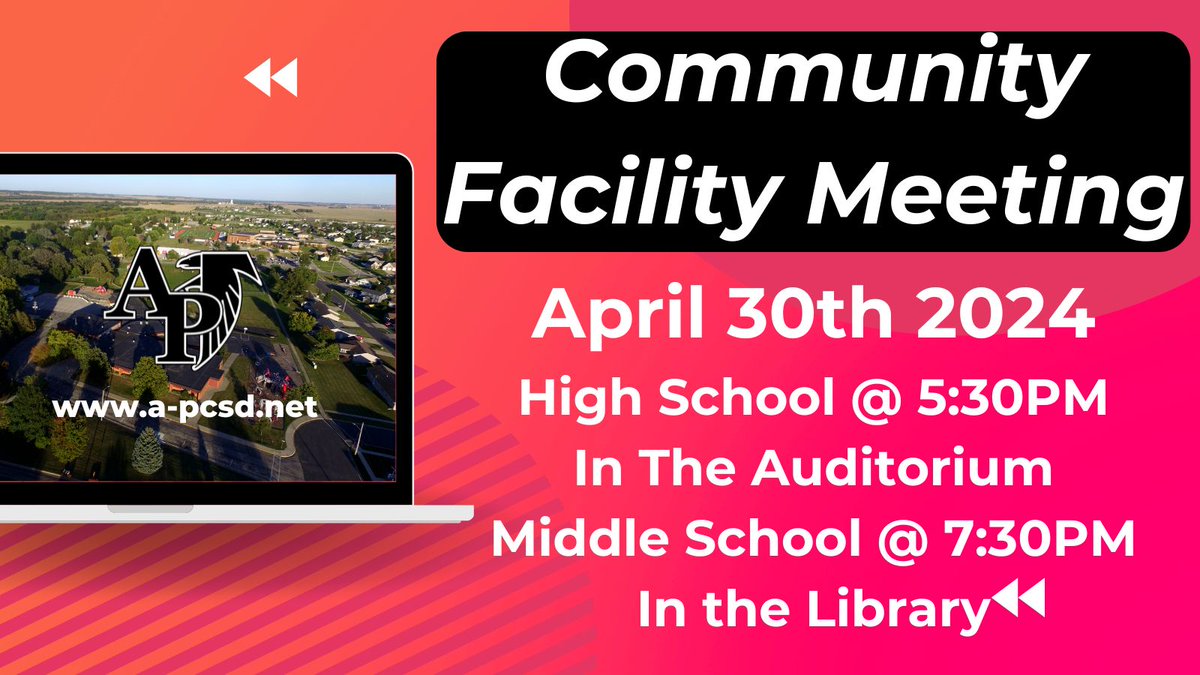 Reminder WE WANT YOUR FEEDBACK!! Come hear our master facility plan proposal. All Community members welcome. Today April 30th 5:30PM @ the High School Auditorium and 7:30PM @ the Middle School Library