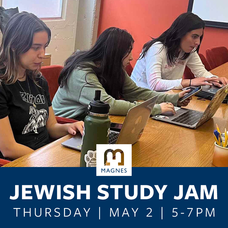 Feeling the stress of upcoming finals? Come to the Jewish Study Jam at #UCBerkeley's #TheMagnes this Thursday, May 2nd from 5-7pm. You bring the brains and books📚, we'll bring the pizza 🍕 and soda!