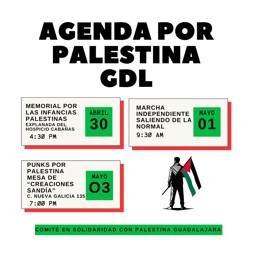 ¡Nos complace extenderles una cálida invitación a los eventos de la semana organizados por el Comité en Solidaridad con Palestina GDL!

#palestina #palestina🇵🇸 #palestinalibre #palestinalibre🇵🇸 #GenocidioenGaza #Gaza_Under_Attack #AltoAlFuegoYa #AltoAlFuegoYa🇵🇸 #CeaseFireNow