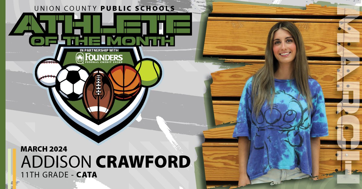 We are excited to announce that Addison Crawford from @CATAMonroeNC is the @FoundersFCU High School Student-Athlete of the Month! Founders Federal Credit Union is generously giving the CATA Athletic Department $500 in honor of this award. @AGHouilhan @UCPSNCAthletics