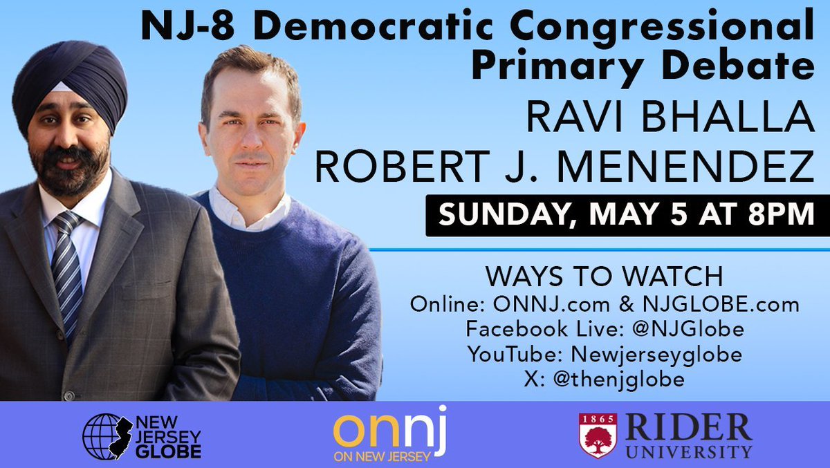 6⃣ Days until the first NJ-8 Democratic Congressional Primary Debate between @RaviBhalla and @RobMenendez4NJ on Sunday, May 5 at 8 PM. @TheNJGlobe @onnewjersey @RiderUniversity @pocryphal @lauralindseyj @RebovichInst