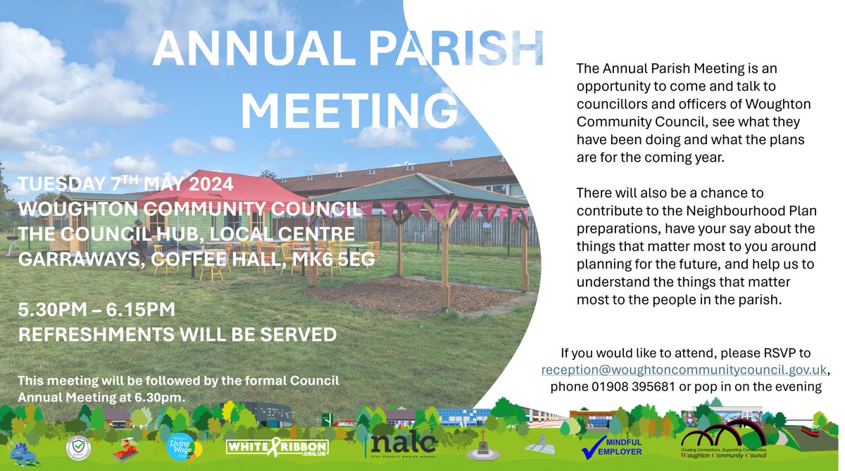 As well as the Parish Meeting on the 7th May, the Annual Meeting of the Council also takes place - papers are available on the website (woughtoncommunitycouncil.gov.uk/.../full.../).

From 6.30pm (after the Parish Meeting) at the Council Hub.