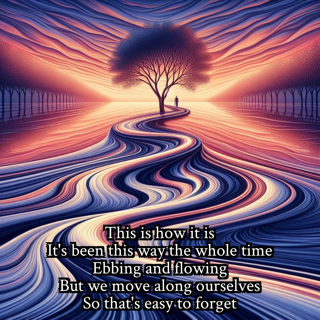 This is how it is
It's been this way the whole time
Ebbing and flowing
But we move along ourselves
So that's easy to forget

Words: Mine
Image: AI generated
#poetry #tanka #writing #WritingCommunity #mentalhealth #depression #anxiety #sicknotweak #selfcare #acceptance