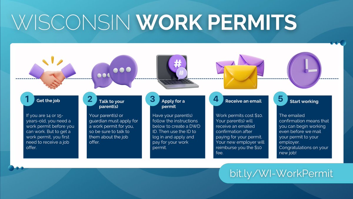 REMINDER for parents and guardians of #Wisconsin teens! If your teen is interested in a summer job, now is a great time to start planning. For 14- and 15-year-olds, that includes applying for a work permit once they receive a job offer. Learn more: bit.ly/WI-WorkPermit
