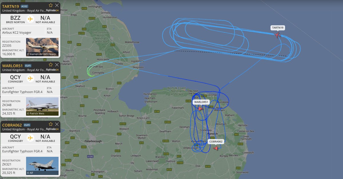 #RAF 2x eurofighter typhoons / KC2 voyager seen on the flight radar to the east of england, voyager circling over the north sea off the east coast, typhoons circling in the area, departures from RAF coningsby & brize norton. #TARTN19 #WARLOR51 #COBRA062