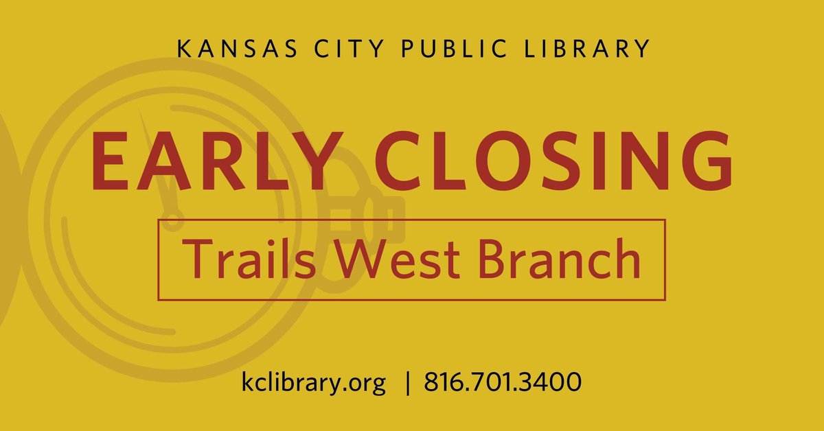 🚨Patron Notice: The Trails West Branch will close early today (5/29) at 5 p.m. due to staffing issues. We apologize for any inconvience. See a full list of locations and hours at kclibrary.org/locations