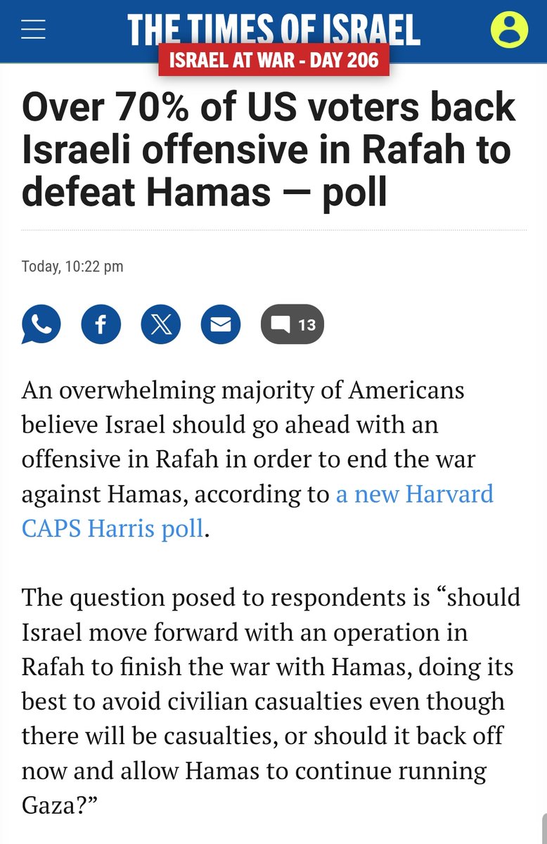 New Harvard CAPS Harris poll: 72% say Israel should move forward with the operation while 28% say it should back off and allow Hamas to keep ruling Gaza. 78% of poll participants say Hamas show be removed from power but are divide don what should come after, with 30% saying
