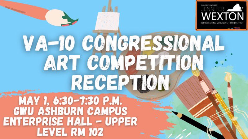 We'll be hosting #VA10's Congressional Art Competition Reception this Wednesday at the GWU Ashburn Campus at 6:30 p.m.! wexton.house.gov/services/art-c… You can view the gallery of outstanding student art at Enterprise Hall or through our virtual gallery here ⬇️ bit.ly/2024VA10CAC