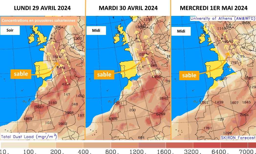 [Info météo] NOUVELLE REMONTÉE DE SABLE 🟠 DU SAHARA ENTRE CES LUNDI 29, MARDI 30 AVRIL ET MERCREDI 1ER MAI 2024 SUR LA FRANCE ET NOTRE RÉGION CENTRE - VAL DE LOIRE... Sous un flux de Sud dynamique, des poussières sahariennes (#sable) 🟠 remonteront d'Afrique vers l'Europe,…