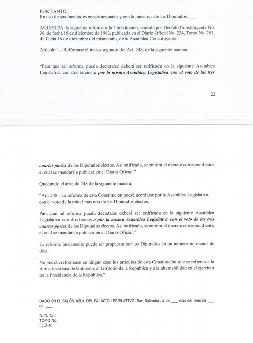 @manuelmlndzs Nop. Interestingly, they will not 'justify' reforms under 'popular will' (something other nations have done). The draft introduces the possibilty of one single same composition of Congress being able to reform the Constitution simply by holding two consecutive votes.