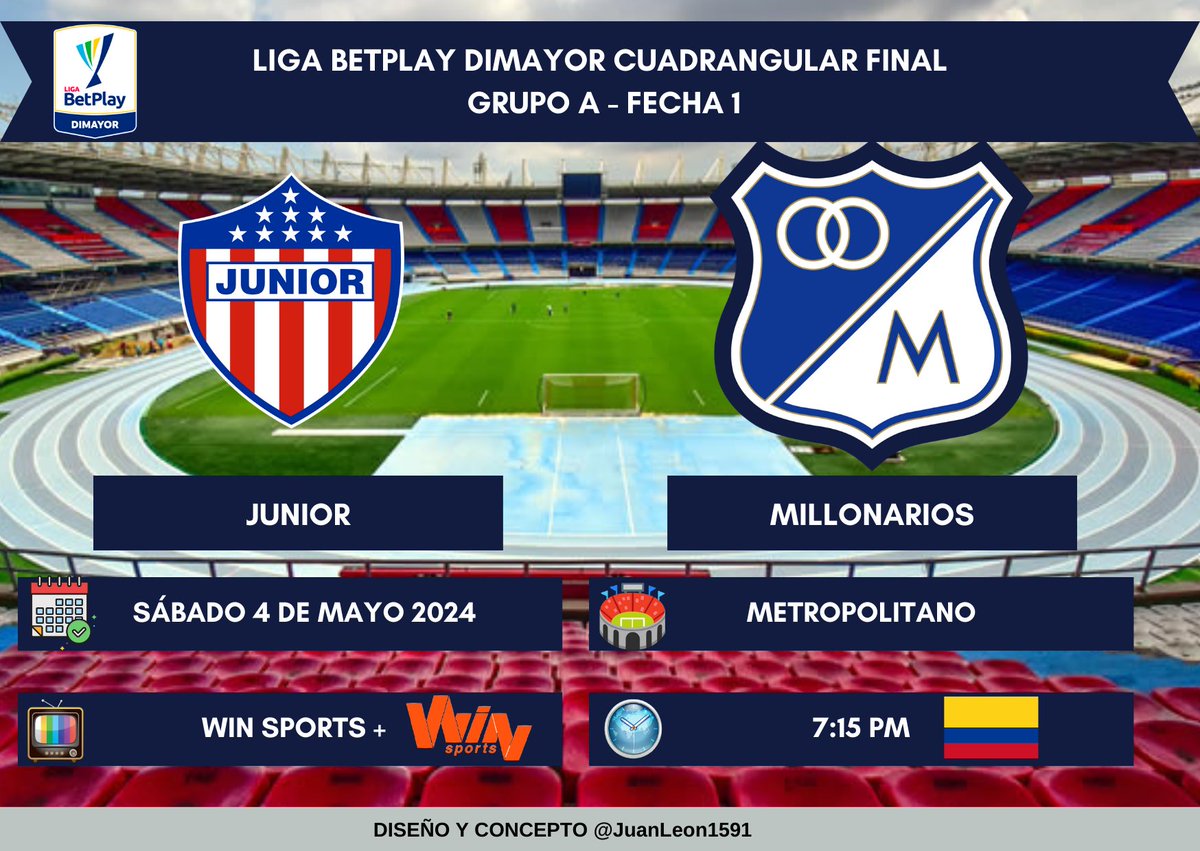 🏆 Liga BetPlay Dimayor 2024-1
⚽ Cuadrangular Grupo A - Fecha 1
🆚 Junior vs MILLONARIOS 🏆
🗓️ Sábado 4 de Mayo de 2024
🕒 7:15 PM
🏟️ Metropolitano
📌 Barranquilla 
📺 Win Sports +

#VamosMillonarios
#AmorParaDefender
#SemperFi 
#Since1946
#VamosPorLa17