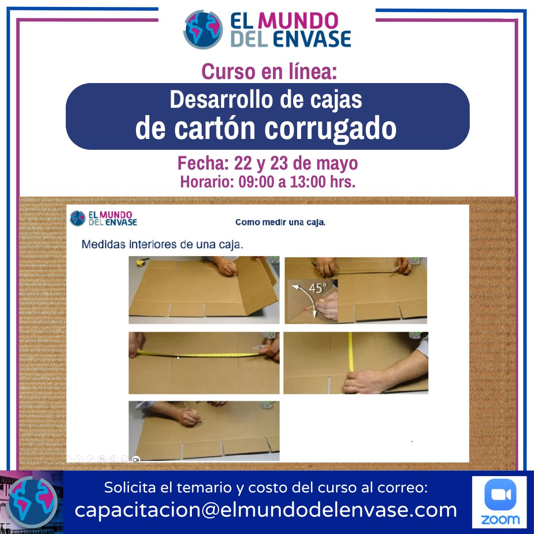 Curso en línea: "Desarrollo de cajas de cartón corrugado"
📦 📦 📦

22 y 23 de mayo, 2024... Vía ZOOM
Solicita el temario y costo al correo:
capacitacion@elmundodelenvase.com
 
#envases #cajasdecarton #CORRUGADO #elmundodelenvase #packagingdesign #packaging