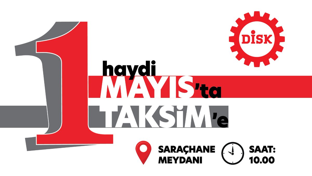 Ekmek, Adalet ve Hürriyet için #Haydi1Mayıs'a
#TaksimŞimdi
#DemokrasiŞimdi
⏳DİSK korteji #1Mayıs sabahı saat 10'da Saraçhane'de buluşuyor