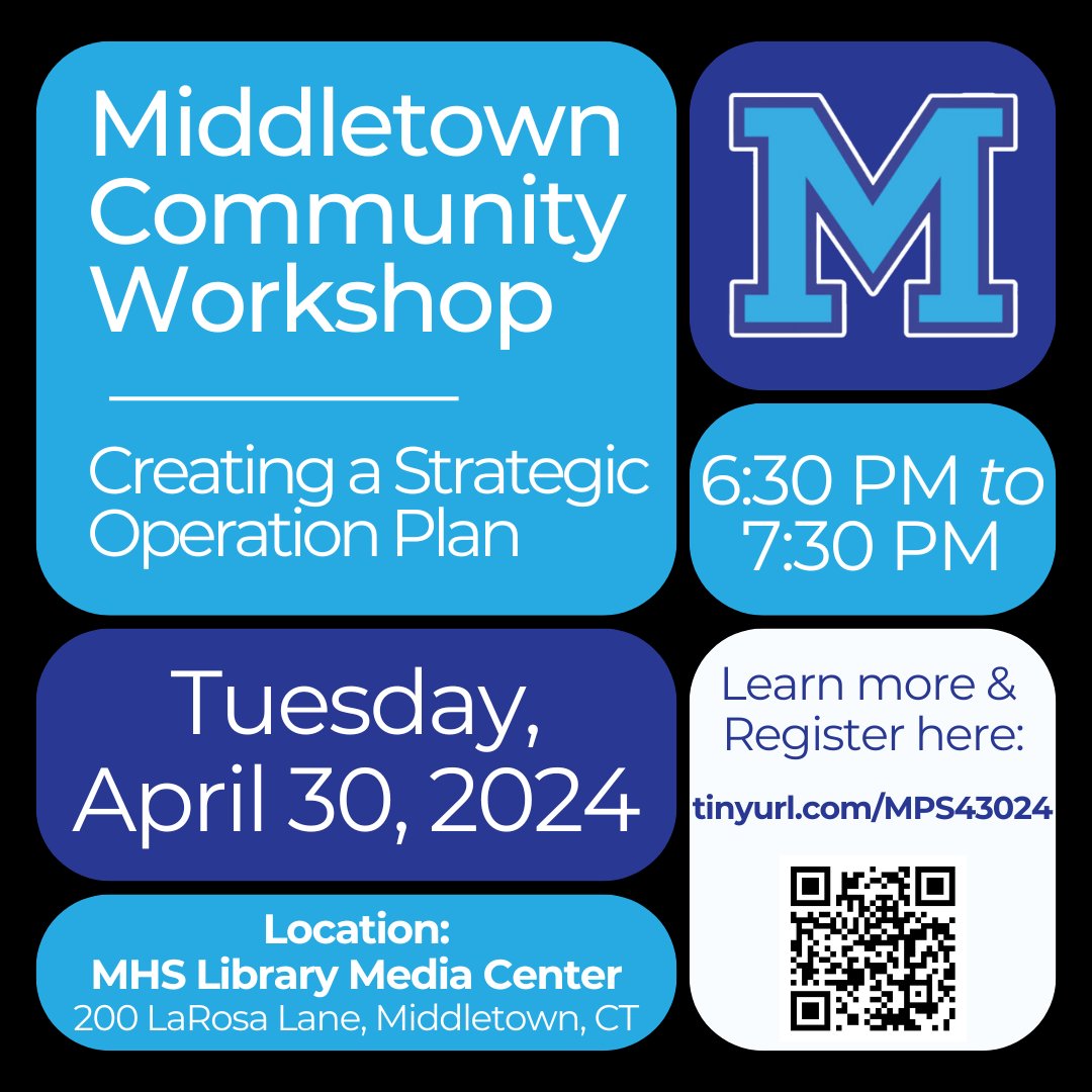 Got ideas about Middletown Public Schools? Then, we need you, your ideas, & your vision! Join us tomorrow (April 30, 2024 from 6:30 PM to 7:30 PM) at Middletown High School for our Community Workshop on the new Strategic Operating Plan. Register here: tinyurl.com/MPS43024