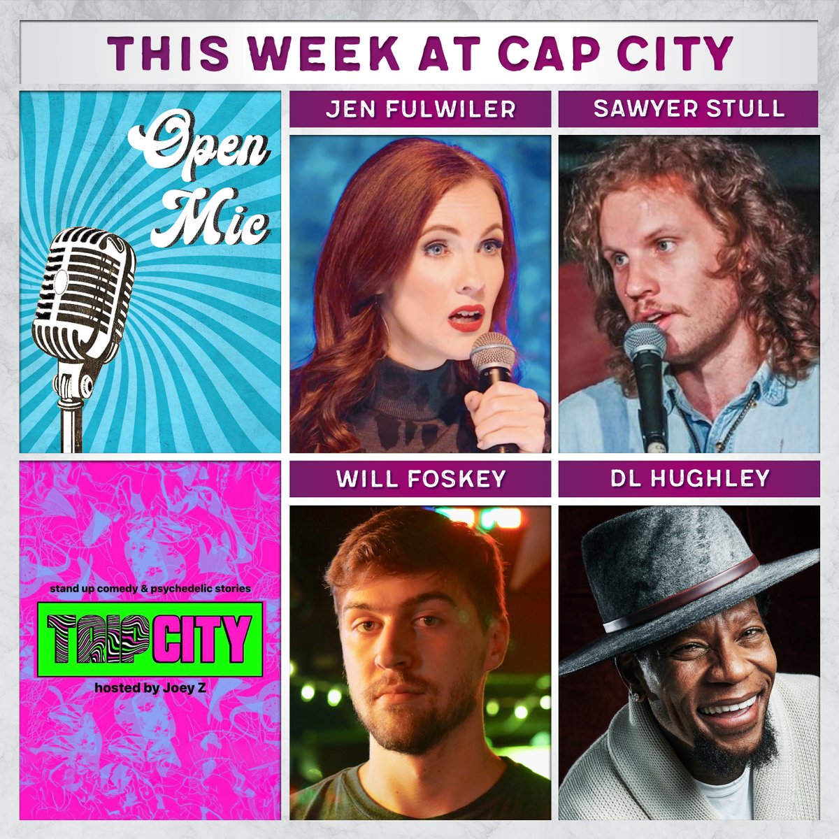 This Week at Cap City | Open Mic night, @jenfulwiler, @SawyerStull, Joey Z + Will Foskey in the Red Room, + @RealDLHughley headlines this weekend! Grab your tickets now: bit.ly/3hTxS3n