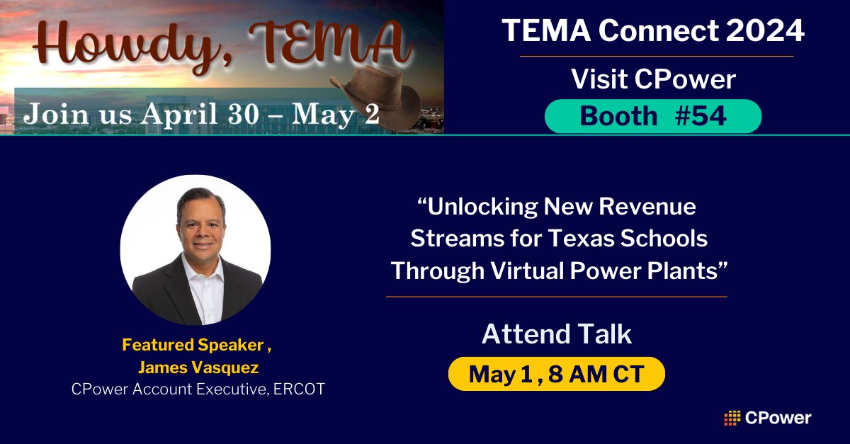 Attending TEMA Connect 2024 in Texas next week? Visit CPower at Booth #54 and join CPower’s James Vasquez on May 1 at 8 am CT for his presentation, 'Unlocking New Revenue Streams for Texas Schools Through Virtual Power Plants.' Register here: ow.ly/rRjc50RrfX6