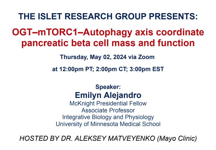 Join us this Thursday 5/2 @EmilynAlejandro on nutrient and stress sensing in beta cell function