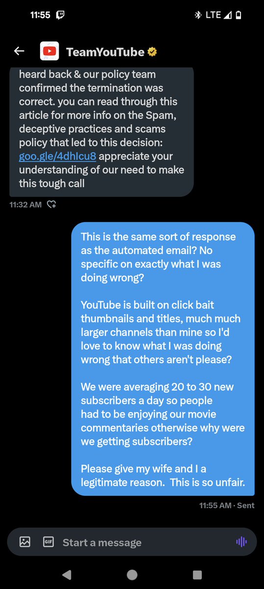 MIXtopher's tweet photo. @TeamYouTube gave me the exact same generic, non specific reason as the auto generated emails. I do not "understand their need to make this tough call". Wife and I busted our ass for 2 years to do nearly 200 movie commentaries together and were averaging 20-30 new subscribers everyday.. in an ecosystem built on click bait thumbnails and titles, we were definitely not the problem 😡