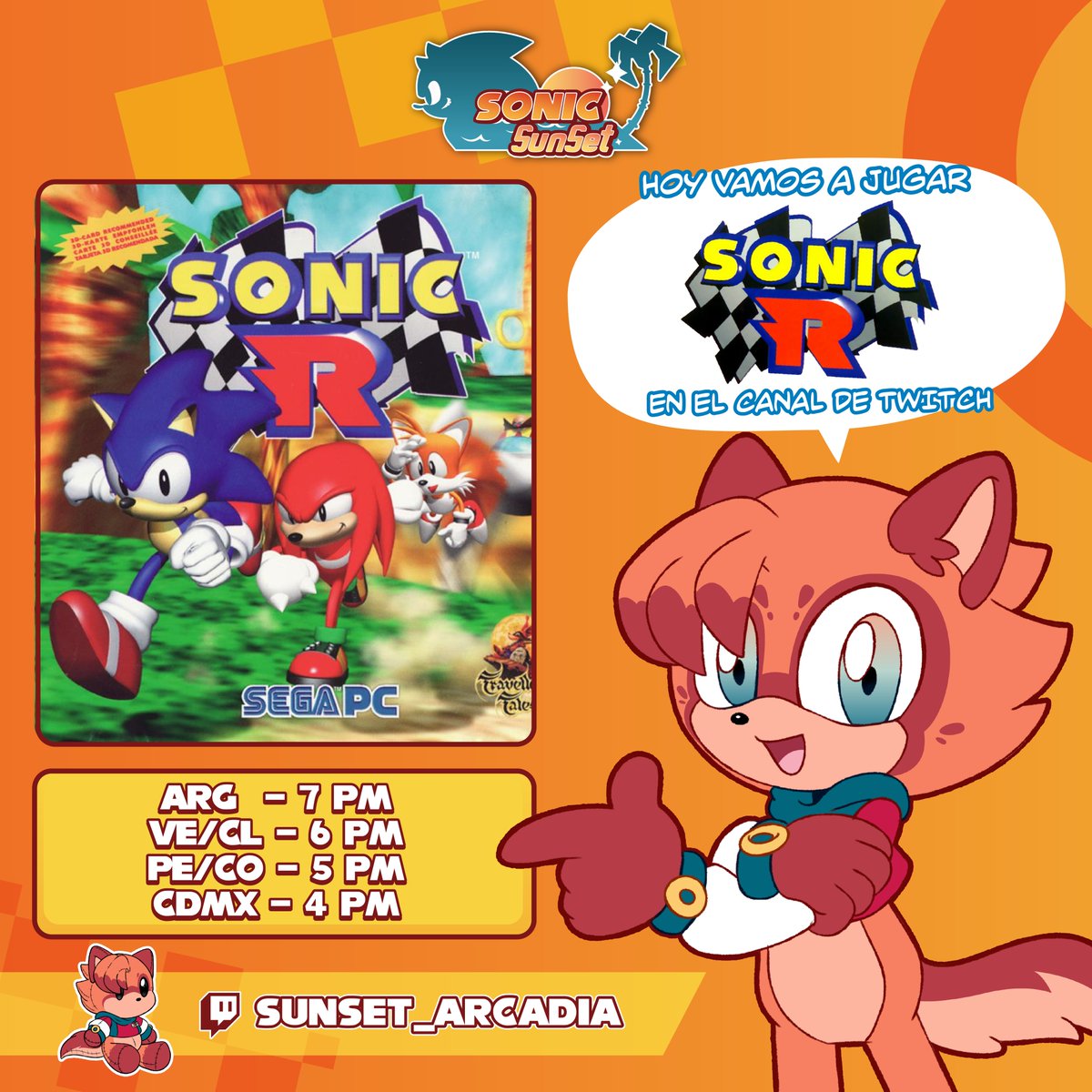 ✦✧✦ Directo de Sonic R ✦✧✦ ¡Hoy estaremos en Twitch jugando a Sonic R por primera vez! ¡Vengan a vernos hacer carreras con los personajes de Sonic! Horarios: *19 hs - 🇦🇷 *18 hs - 🇻🇪🇨🇱 *17 hs - 🇵🇪🇨🇴 *16 hs - 🇲🇽 #SunsetStream #SonicTheHedgehog #Sonic