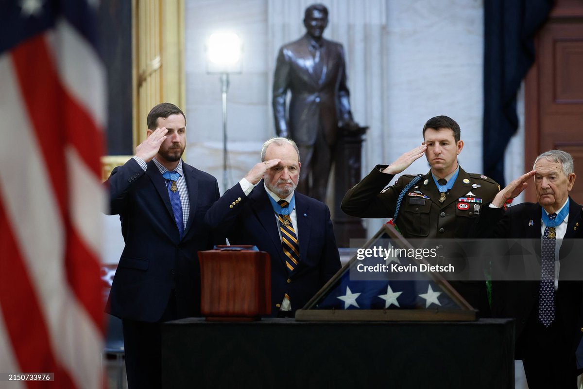 Previous winners of the #MedalOfHonor salute the urn containing the remains of retired Army Col. Ralph Puckett Jr. during his congressional tribute at the U.S. Capitol. One of the Army's most highly decorated servicemen, Puckett was belatedly awarded the Medal of Honor by…