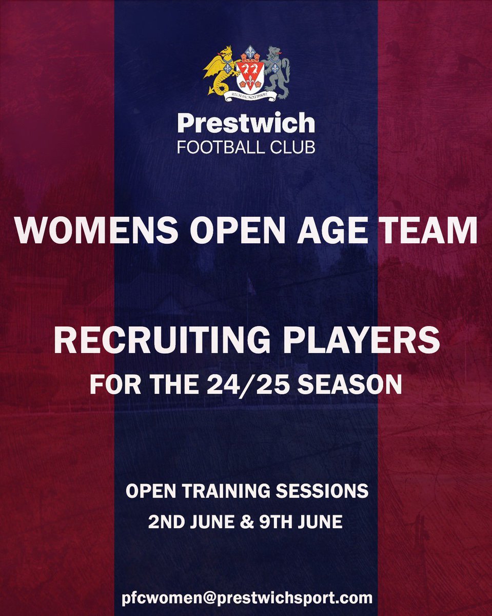 Prestwich FC launch of our women’s team for the new season competing in The GMWFL. To be part of our family simply click the link below to register your interest. We have two open training sessions planned for Sunday 2nd & 9th June. form.jotform.com/Prestwich_Foot… @WoSoRecruitment