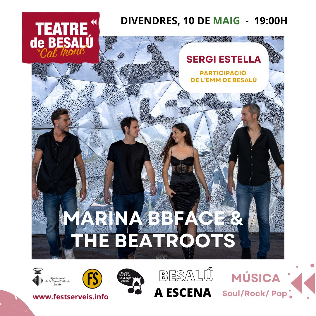 MARINA BBFACE &amp;THE BEATROOTS en concert! Ens presenta el seu nou disc 'Journey'!! També actuaran <a href="/Sergi_Estella/">Sergi Estella</a> i l'EMM de Besalú 💛 👌🏻 
<a href="/Radiolot/">Ràdio Olot</a>
<a href="/Aj_Besalu/">Ajuntament de Besalú</a>
<a href="/ElGerio/">El Gerió Digital - Girona</a>
#besalúaescena 
#teatrecaltronc 
#marinabbface 
#concert
<a href="/Aj_Besalu/">Ajuntament de Besalú</a> 
<a href="/MarinaBBfaceTBR/">Marina BBface & TBR</a>