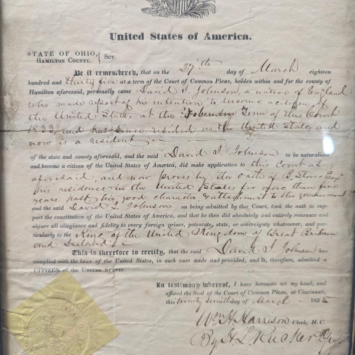 Clerk Parikh visited the Harrison-Symmes Memorial Foundation Museum in Cleves, OH, today. President William Henry Harrison was Hamilton County Clerk of Courts prior to taking office, and they have a rare document: naturalization paperwork that he signed while he was Clerk!