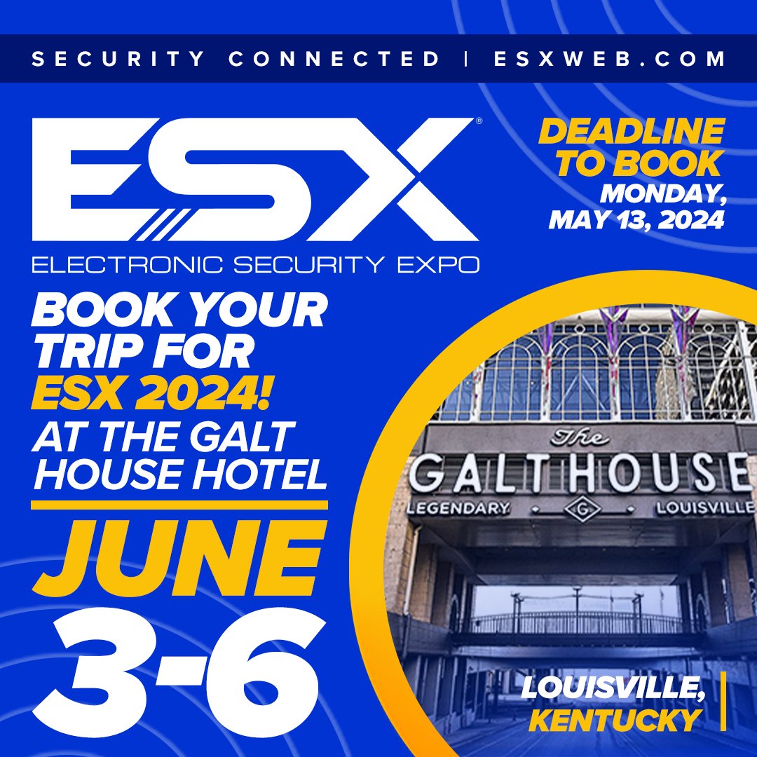 Electronic Security Expo (@esxweb) on Twitter photo #ESX2024 is quickly approaching! Have you booked your flight & hotel?
Book your stay for ESX now at The Galt House Hotel
Deadline to Book: May 13, 2024 🗓️
Book Now ➡️esxweb.com/electronic-sec…
Book your flight as well! We recommend Louisville Muhammad Ali International Airport! #ESX2024 is quickly approaching! Have you booked your flight & hotel?
Book your stay for ESX now at The Galt House Hotel
Deadline to Book: May 13, 2024 🗓️
Book Now ➡️esxweb.com/electronic-sec…
Book your flight as well! We recommend Louisville Muhammad Ali International Airport!