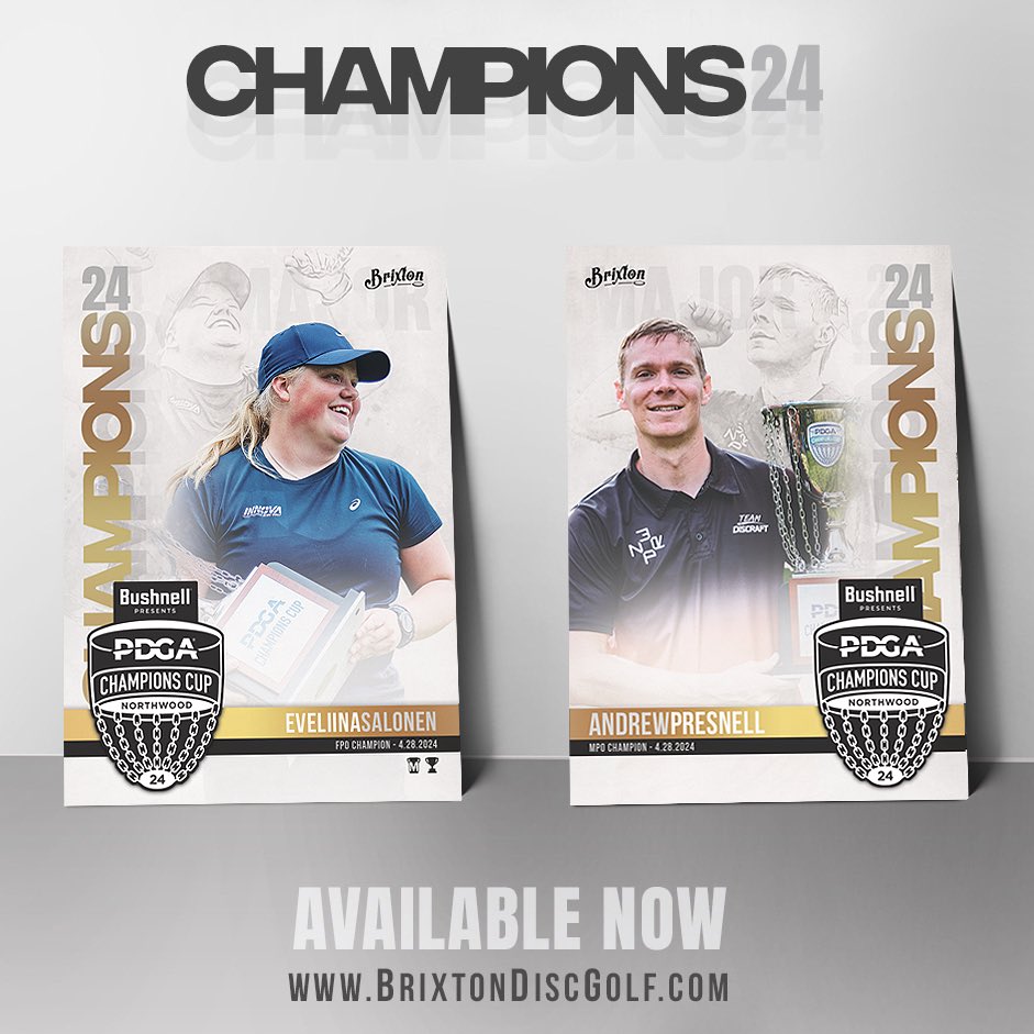 Congrats to Eveliina and Andrew for taking down the PDGA Champions Cup presented by Bushnell. Commemorate their victory and add a MAJOR upgrade to your collection by bagging their brand new Champions Series cards. brixtondiscgolf.com/product/champi…