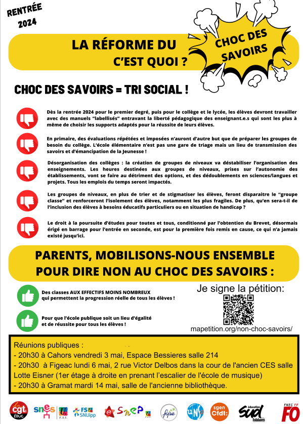 3 réunions publiques de secteur sont déjà fixées dans le #Lot contre le #ChocDesSavoirs (d'autres suivront) : 
- à #Cahors le #3mai à 20h30 ;
- à #Figeac le #6mai à 20h30 ; 
- à #Gramat  #14mai à 20h30.
Venez échanger pour refuser ensemble le #TriSocial !