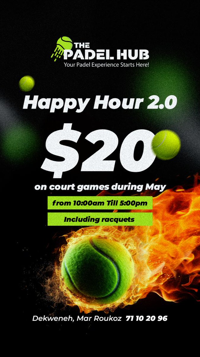 HAPPY HOUR UPGRADED!

Our Happy Hour is upgraded to a new version 2.0 👌🏼

Court and racquets for $20 between 10 am & 5 pm, during the month of May, including weekends!
#ThePadelHub #Padel #PadelClub #PadelCourt #Sports #padeltime #padelmania #padeladdict #padellovers #padeltennis