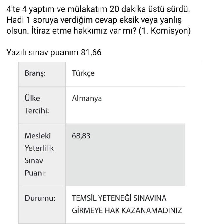 Yurt dışı öğretmenlik mülakatı sonucu... Aynı puanı vereceksek niye mülakat yapalım ki diyen şahsa asla güvenmiyoruz! #istifaEtBakanTekin