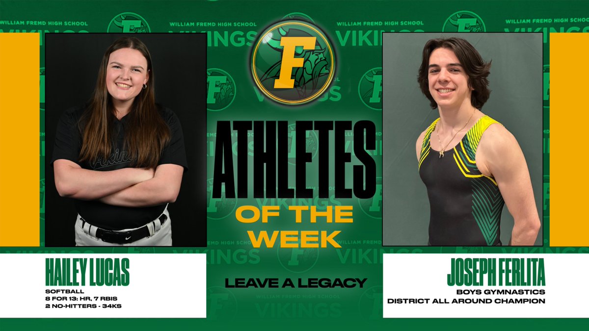 Congrats to Hailey and Joseph for being selected as our athletes of the week! Haily threw 2 no-hitters and perfect game last week! Joseph helpd the Vikings to the District title and secured the All-Around championship.

#leavealegacy