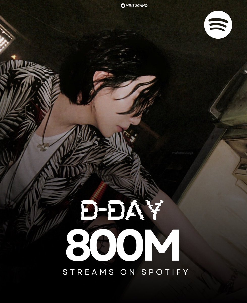 [#SugaHQ_Streaming] “D-DAY” has surpassed 800 MILLION streams on Spotify! Agust D becomes the first k-soloist to have multiple album achieve this milestone (D-DAY, D-2) CONGRATULATIONS AGUST D #DDay800MonSpotify