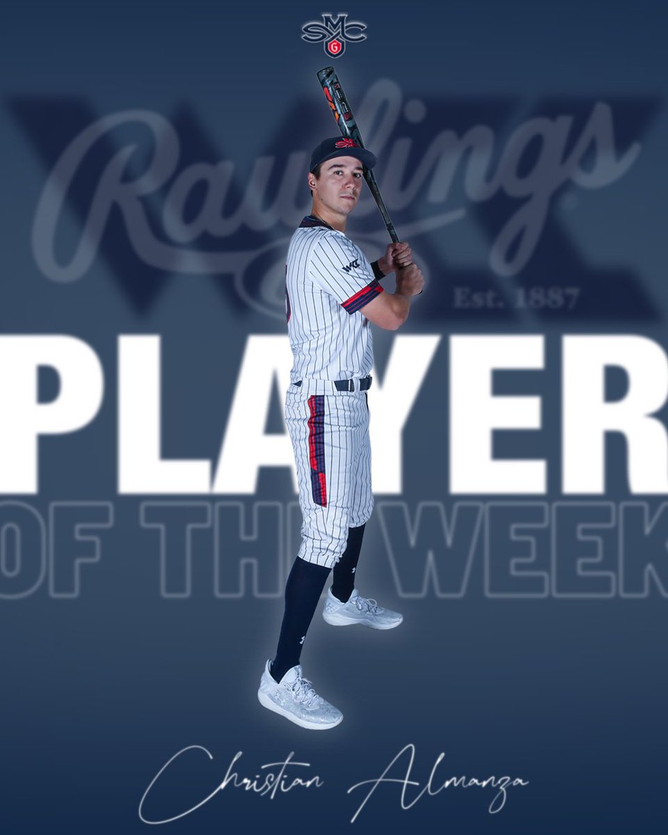 Christian Almanza has been named @RawlingsSports WCC Co-Player of the Week! Almanza not only hit 4 home runs in the series against SCU, including a hat-trick in Game 1, but he also set the program record for home runs in a single season! 🔗 tinyurl.com/67htrwe3 #GaelsRise