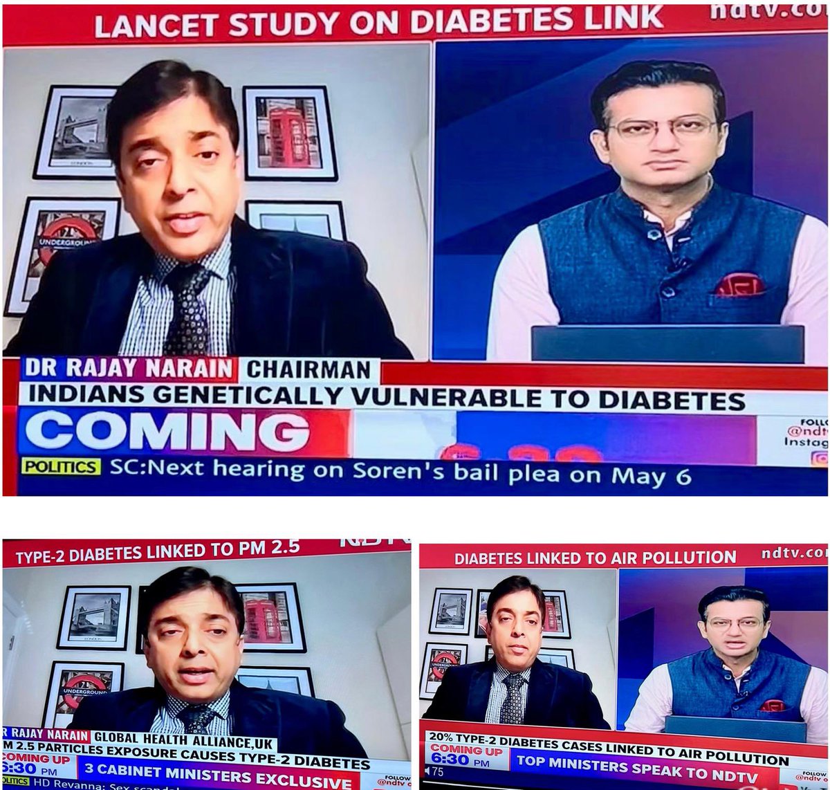 Good to speak to @ndtv today about new Lancet study linking Pollution (PM2.5) to Type II Diabetes. • ⬆️ Men • ⬆️ Lower socio economic group. India 🇮🇳: 77 million Diabetics & 25 million Pre- Diabetics TIME FOR A NATIONAL CAMPAIGN IN INDIA 🇮🇳 ! #CardioX #GlobalHealth