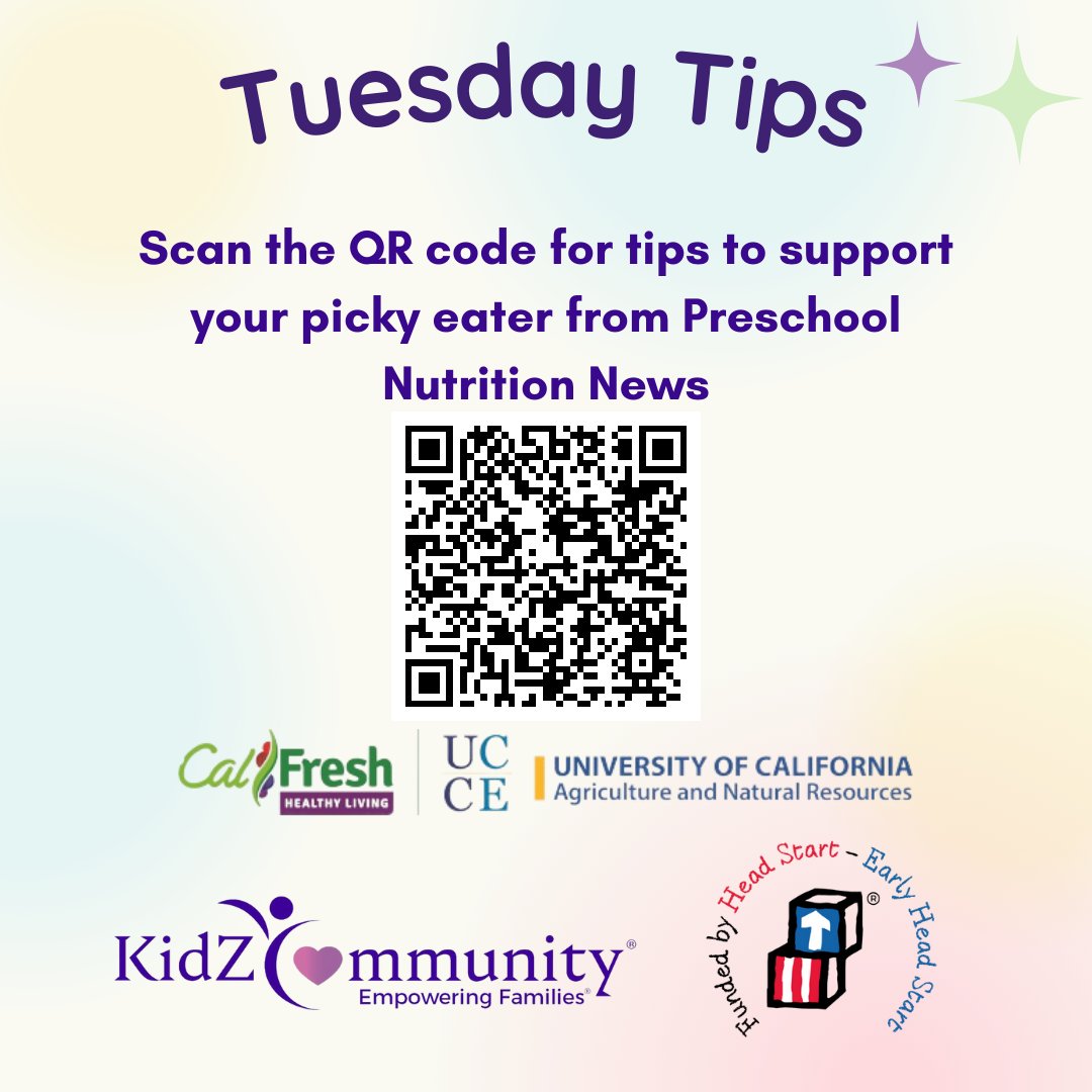 #TuesdayTips from #CalFreshHealthyLiving #UCCEPlacerNevadaCounties 💜 Scan the QR code for tips on supporting your picky eater.

#KidZCommunity #HeadStart #EarlyHeadStart #EarlyLearning #EmpoweringFamilies #GetAHeadStart #FamilyWellBeing #ComePlayWithUs #NowHiring #NowEnrolling