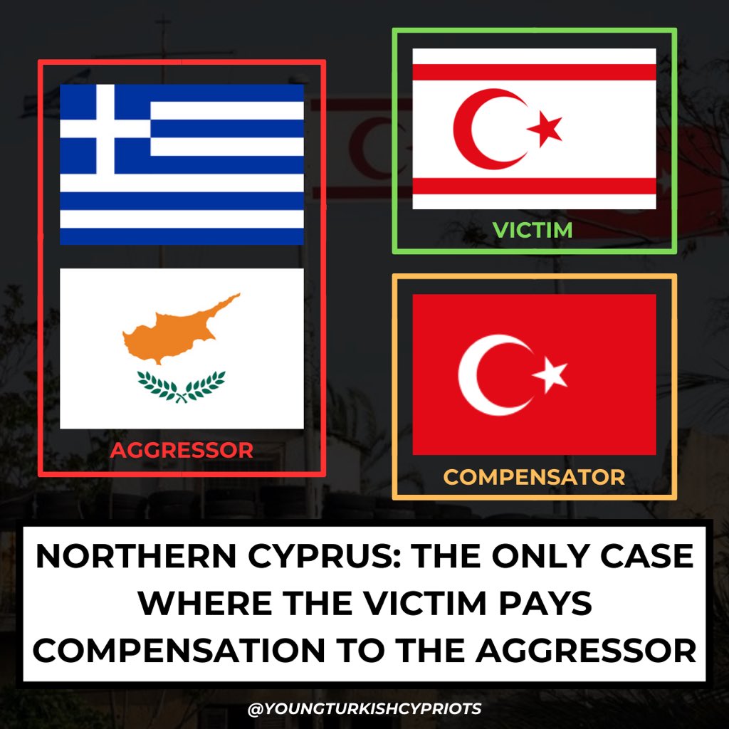 Greece and the Greek Cypriots started the Cyprus conflict. Türkiye ended it. 

So why does Türkiye pay compensation?

There is no remedy in place to compensate the Turkish Cypriots - the true victims of the Cyprus conflict.

Original story: @sabahatinismail

#TRNC #KKTC