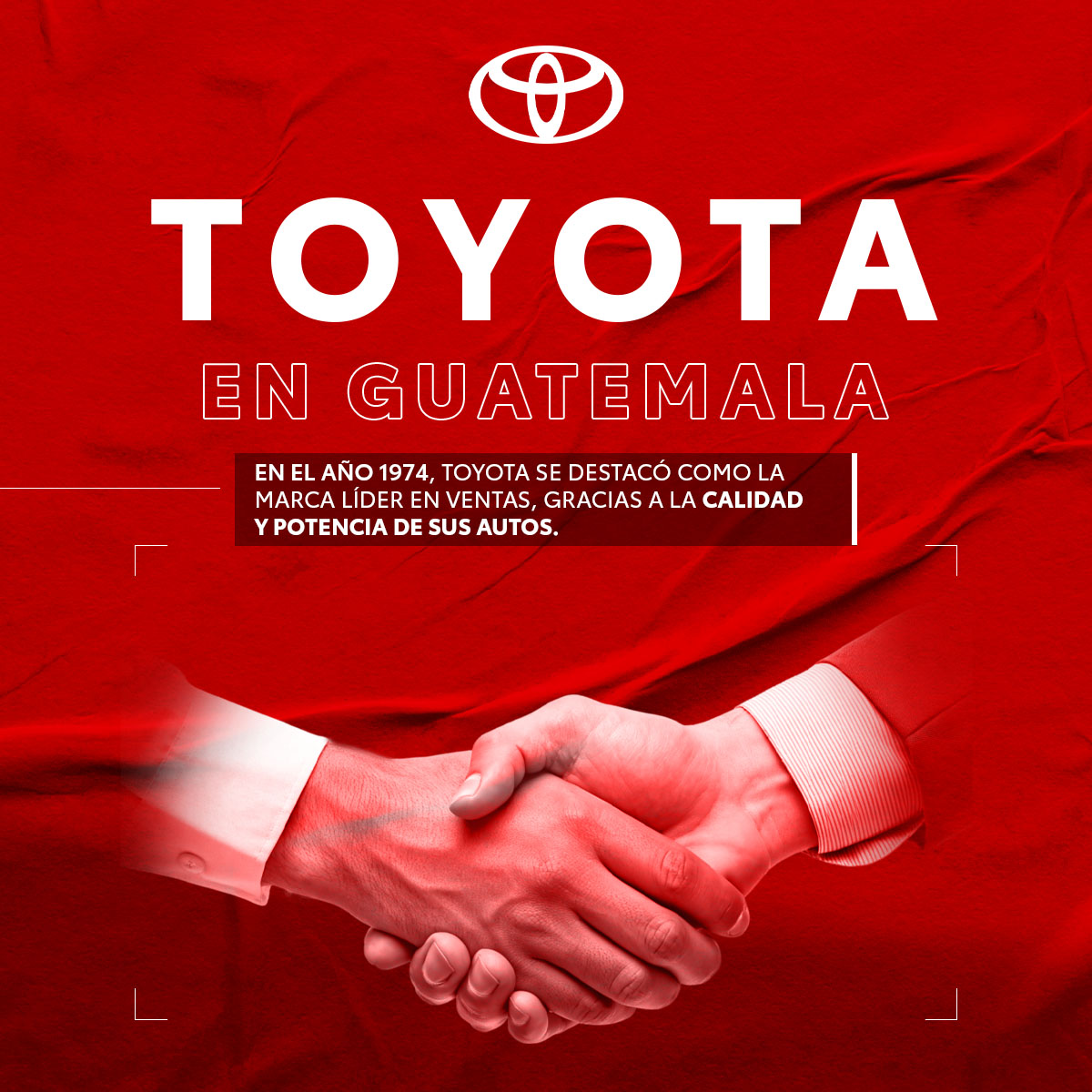 ¡Décadas de confianza! Toyota logra en 1974 ser la marca número 1 en ventas por calidad y potencia.
#ToyotaGuatemala #LoMíoEsToyota #ToyotaEnGuatemala